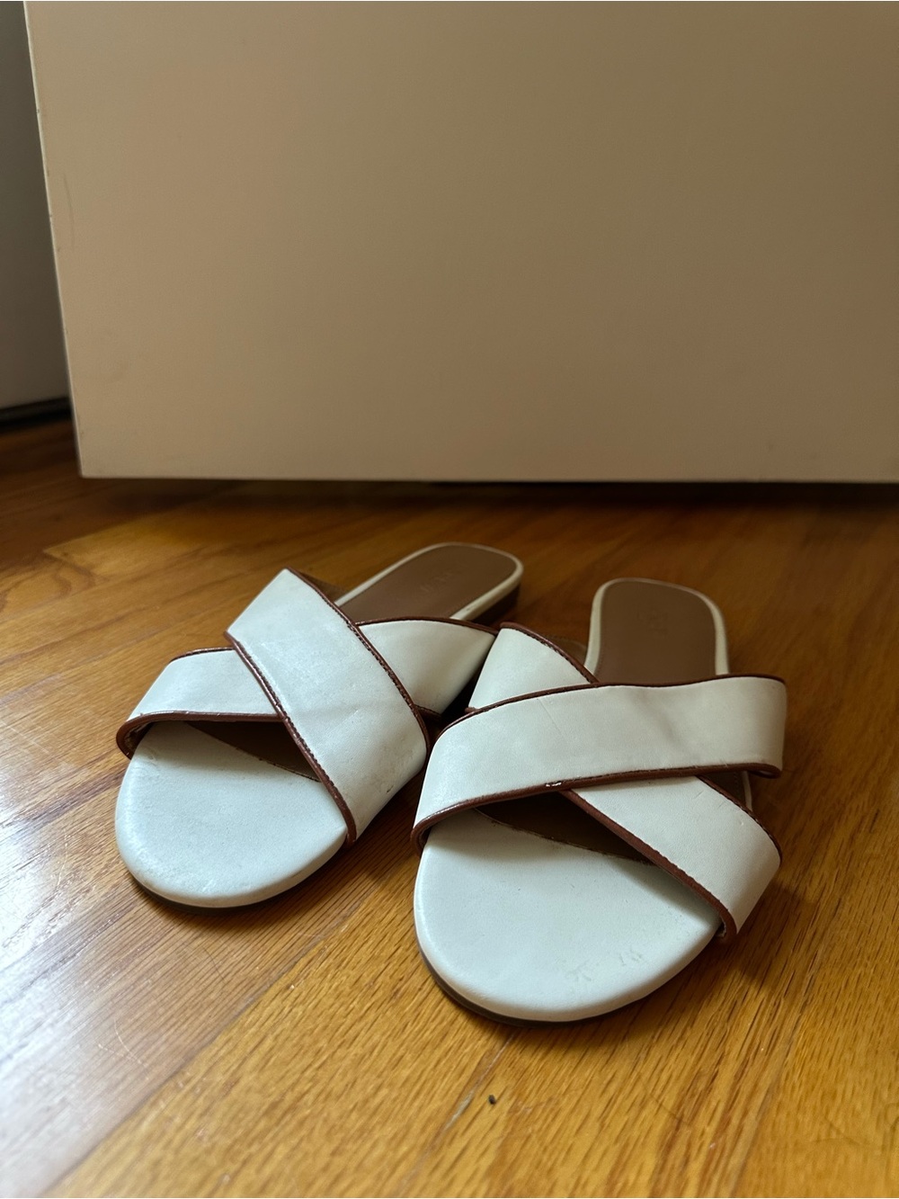 J. Crew White Crisscross Slide Sandals with Brown Trim